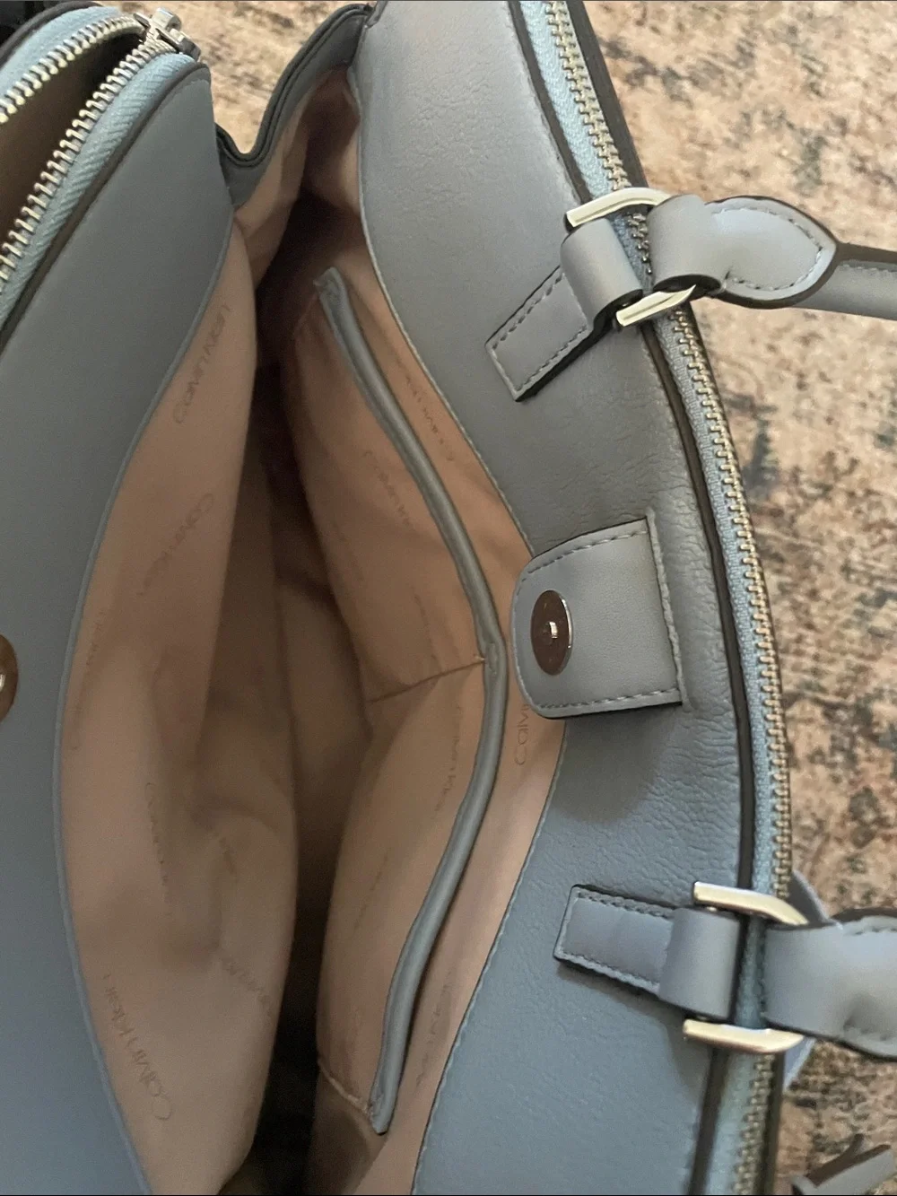 Calvin Klein Pale Gray Structured Top-Handle Satchel with Strap